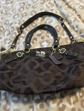 Coach Dark Brown Signature Circle Shoulder Bag with Gold Hardware